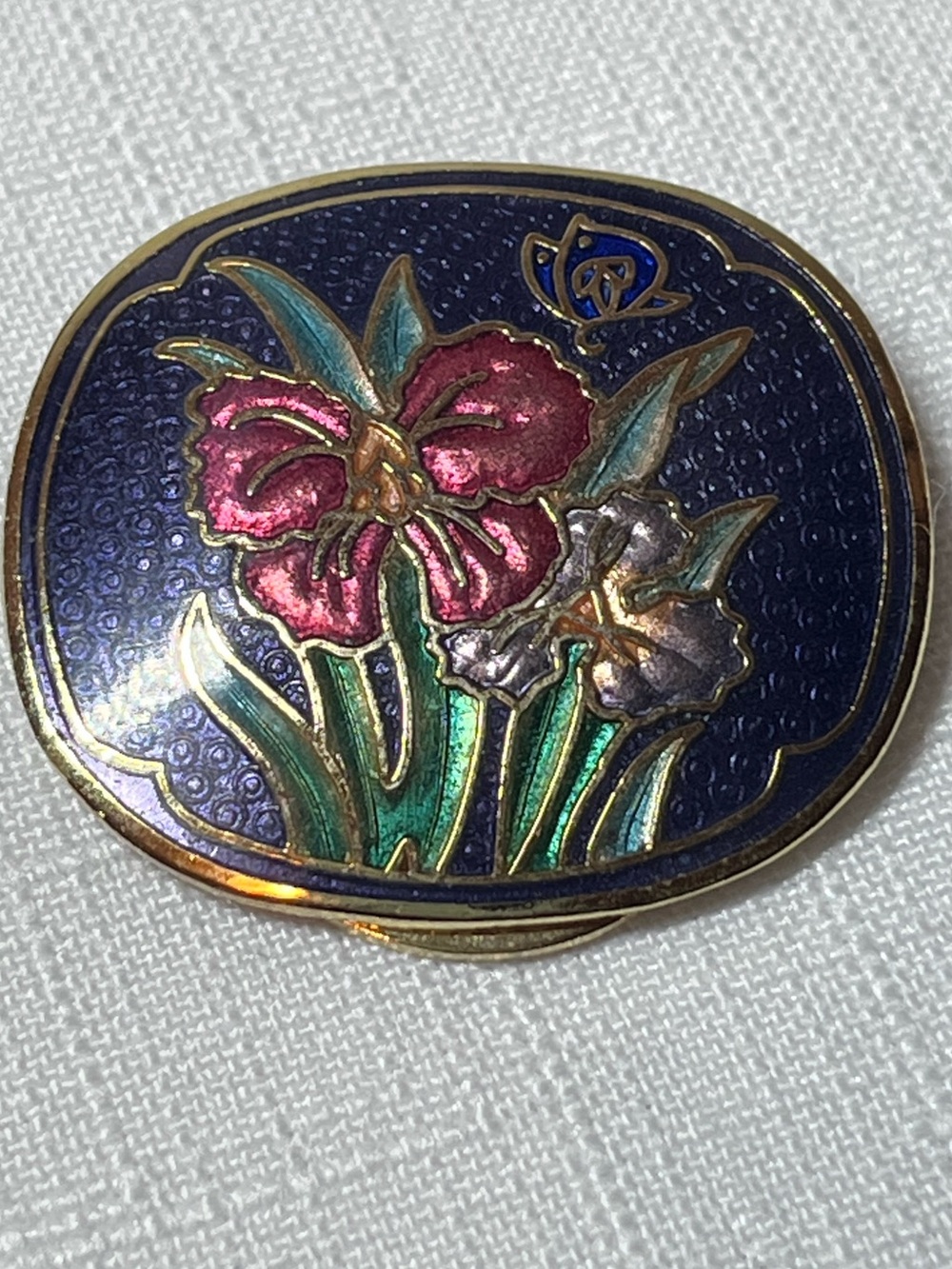Floral Enamel Compact-Style Scarf Clip in Navy with Pink & Green Accents